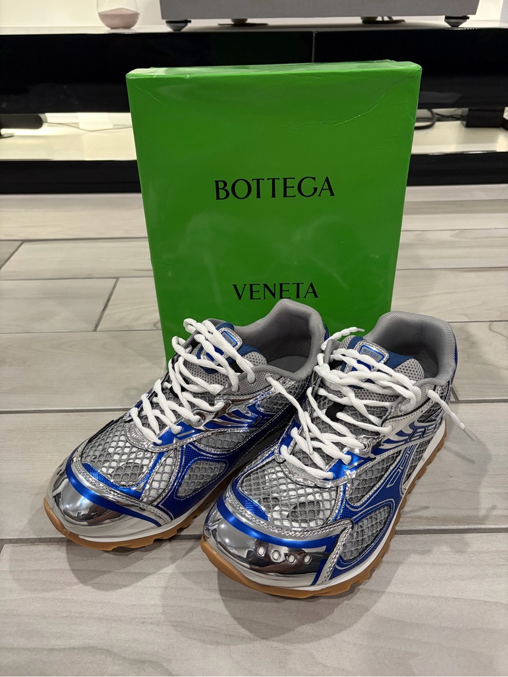 Bottega Veneta Men’s Silver and Blue Runner Sneakers